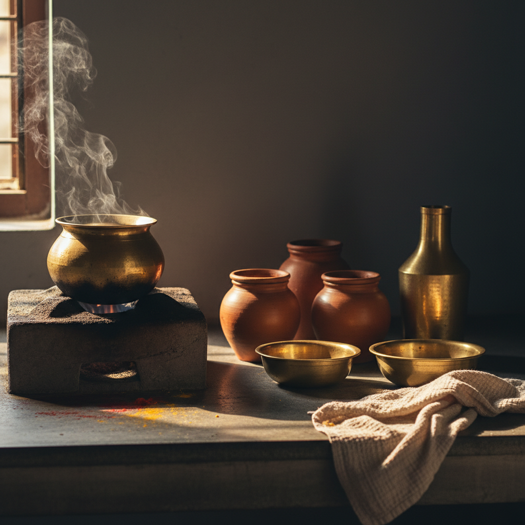 Late afternoon coastal Udupi kitchen with brass vessels steaming sambar sunlight through wooden window frames red oxide counter steel dabbas of spices