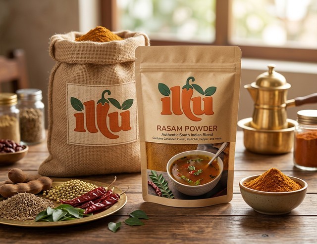 ILLU Rasam Powder spice blend packet tangy spicy South Indian coastal rasam soup everyday home cooking comfort food